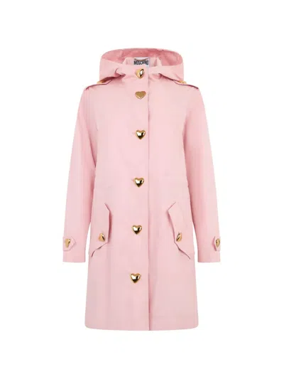 Moschino Heart-button Hooded Parka Coat In Pink