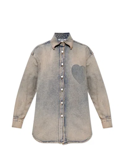 Moschino Denim Shirt Heart Motif Curved Hem In Blue