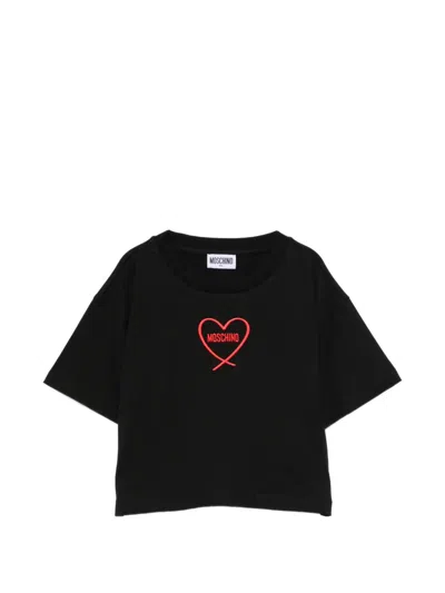 Moschino Kids' Heart-embroidered T-shirt In Black