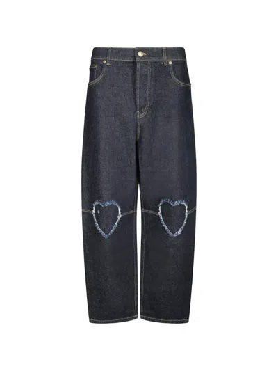 Moschino Heart-motif Frayed-detail Wide-leg Jeans In Blue