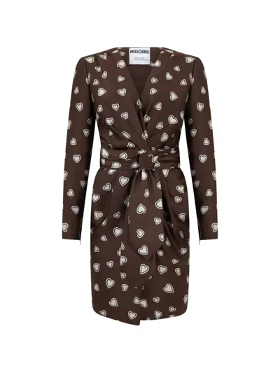 Moschino Heart-print Double-breasted Mini Dress In Brown