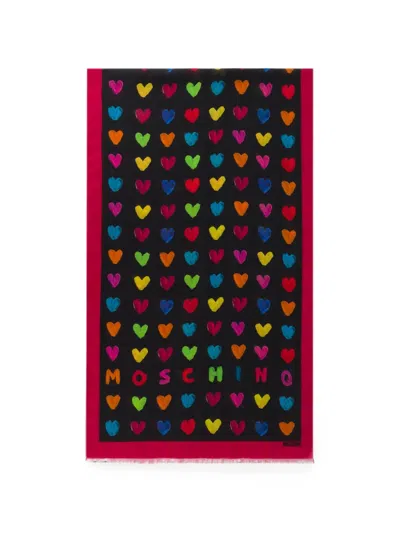 Moschino Heart-print Fringed Scarf In Multi