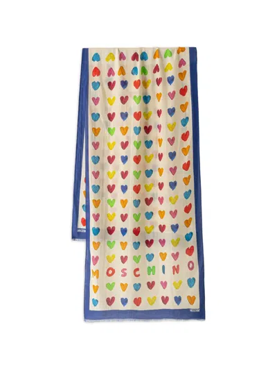 Moschino Heart-print Logo-lettering Scarf In Neutral
