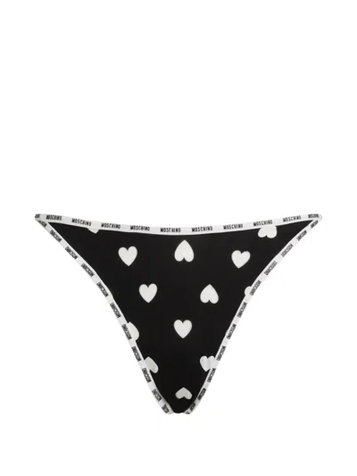 Moschino Heart-print Logo-trim Thong In Black