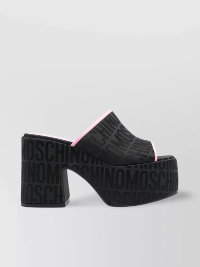 Moschino High Block Heel Mules With Logo Motif In Black