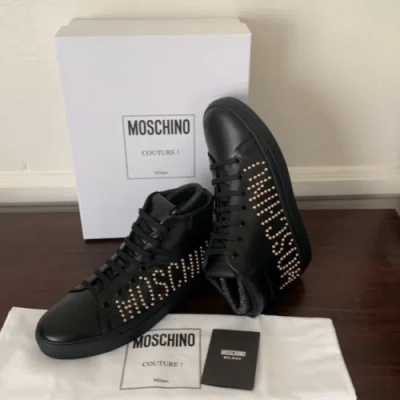 Pre-owned Moschino High Top Logo Studded Leather Sneaker Size 7 In Black