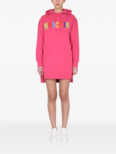 Moschino Dress With Multicolor Flocked Logo In Fnatasy Print Fucsia