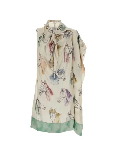 Moschino Horse-print Pussy-bow Dress In Neutral