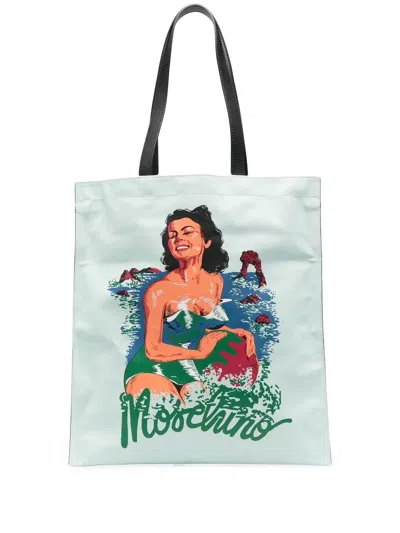 Moschino Illustration-print Leather Tote In Blue