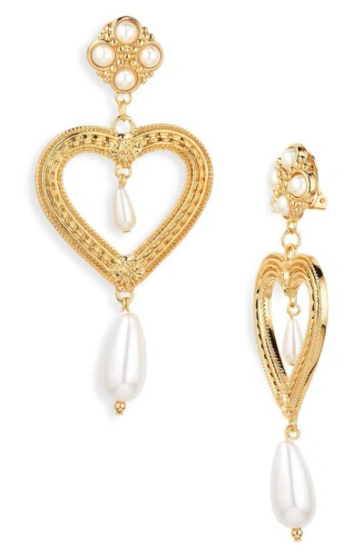 Moschino Imitation Pearl Embellished Heart Drop Clip-on Earrings In Gold
