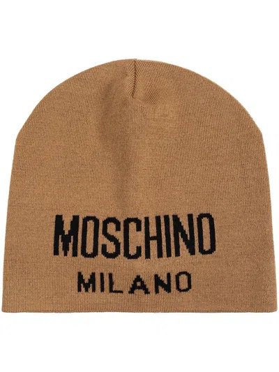 Moschino Intarsia Knit-logo Beanie In Neutrals