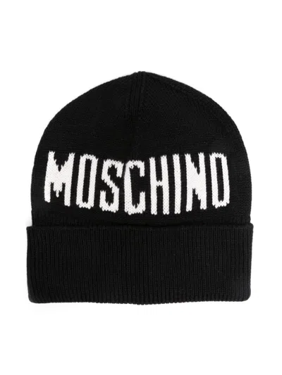Moschino Kids' Intarsia-logo Beanie Hat In Black