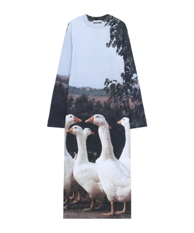 Moschino Interlock Goose Print Dress In Blue