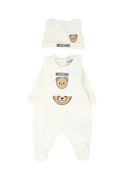 Moschino Ivory Baby Set For Babykids With Teddy Bear In White
