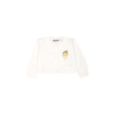 Moschino Ivory Cardigan For Baby Girl With Teddy Bear And Logo