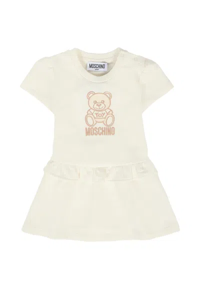 Moschino Kids' Ivory Dress For Baby Girl With Teddy Bear In Neutral