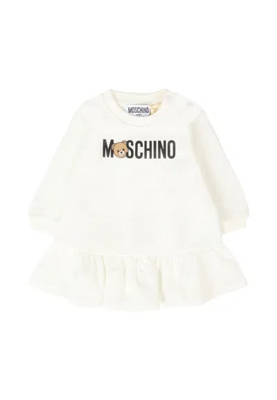 Moschino Kids' Ivory Dress For Baby Girl With Teddy Bear In Neutral