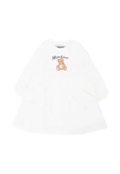 Moschino Babies' Ivory Dress For Girl With Teddy Bear And Logo In White