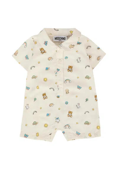 Moschino Ivory Romper For Baby Boy With Teddy Bear In White