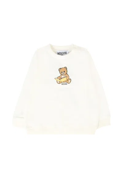 Moschino Ivory Sweatshirt For Babykids With Teddy Bear And Logo In White