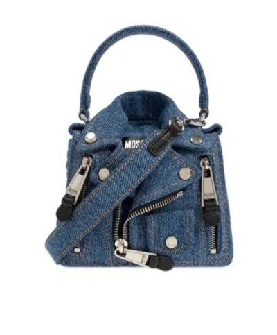 Moschino Jacket-style Logo Patch Denim Shoulder Bag In Blue