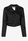 Moschino Jacquard Logo Cropped Biker Jacket In Black