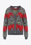 Moschino Jacquard Smile Wool Blend Cardigan In Gray