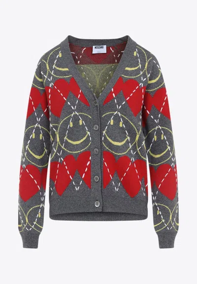 MOSCHINO JACQUARD SMILE WOOL BLEND CARDIGAN