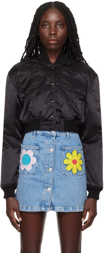 Moschino Jeans Black Embroidered Bomber Jacket In A0555 Black