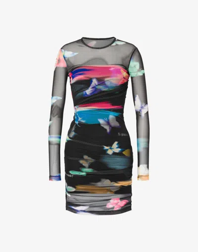 Moschino Ruched Semi-sheer Minidress In Black