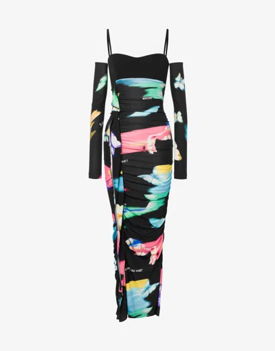 Moschino Jeans Printed Ruched Maxi Dress In Black