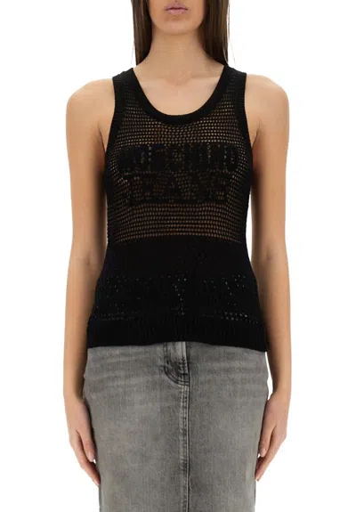 Moschino Jeans Mesh Top With Logo In Black