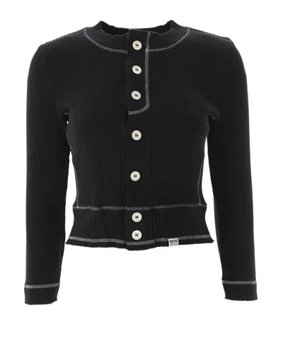 Moschino Jeans Contrast Stitched Buttoned Ribbed Top In Black