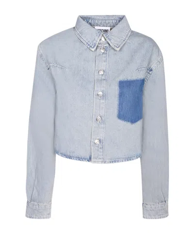 Moschino Jeans Cropped Curved Hem Denim Shirt In Gray