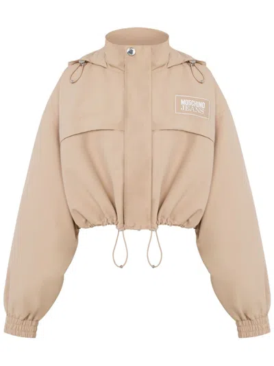 Moschino Jeans Cropped Hooded Jacket In Beige