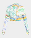 Moschino Cropped Long-sleeve Scarf-print Blouse In Multi Only One Colour