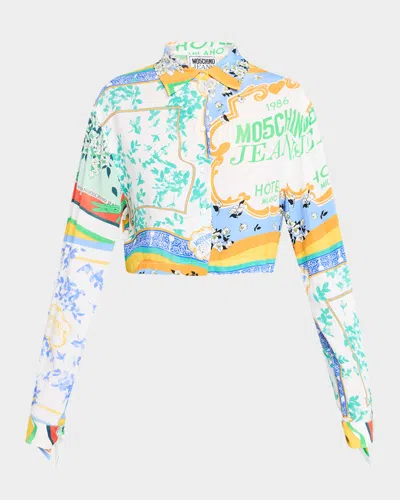 Moschino Jeans Cropped Long-sleeve Scarf-print Blouse In Multi Only One Colour
