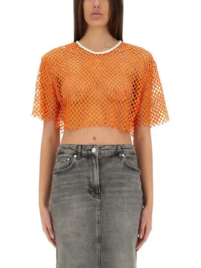 Moschino Jeans Cropped Mesh Top In Orange