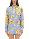 Moschino Jeans Cropped Shirt "beach Umbrellas" In Baby Blue