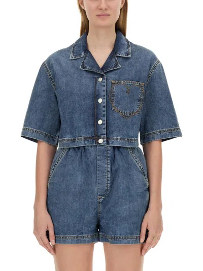 Moschino Jeans Cropped Denim Shirt In Blue Denim