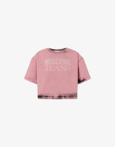 Moschino Jeans Logo-print Denim Crop Top In Pink
