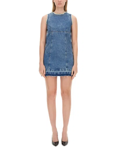 Moschino Sleeveless Fitted Denim Dress With Frayed Hem In Blue