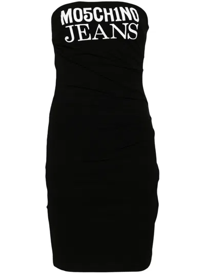 Moschino Jeans Logo-print Ribbed Minidress In Black