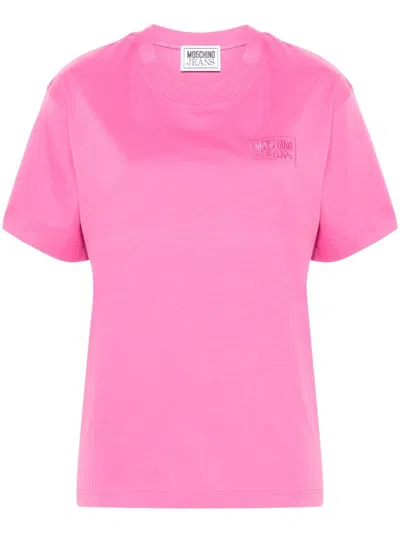 Moschino Jeans Embroidered Cotton T-shirt In Pink