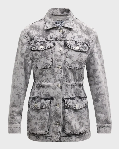 Moschino Jeans Floral Denim Cargo Jacket In Multi Grey