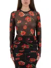 Moschino Floral Print Crew Neck Sheer Fabric Top In Black