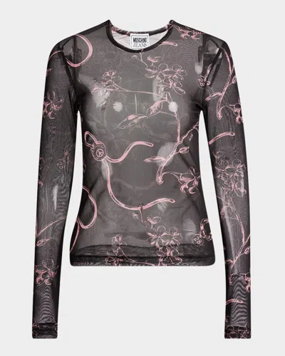 Moschino Jeans Floral Print Long-sleeve Top In Multi Black