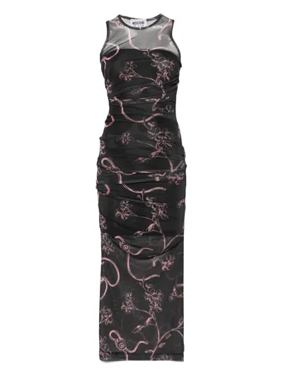 Moschino Jeans Floral-print Midi Dress In Black