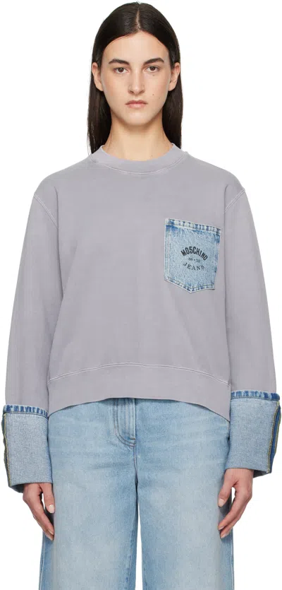 MOSCHINO JEANS GRAY COTTON DENIM DETAILS SWEATSHIRT