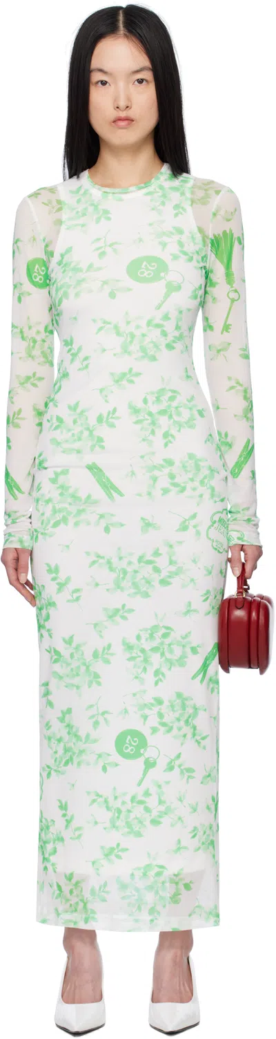 Moschino Green & White Floral Print Mesh Maxi Dress In 1001 Multi White